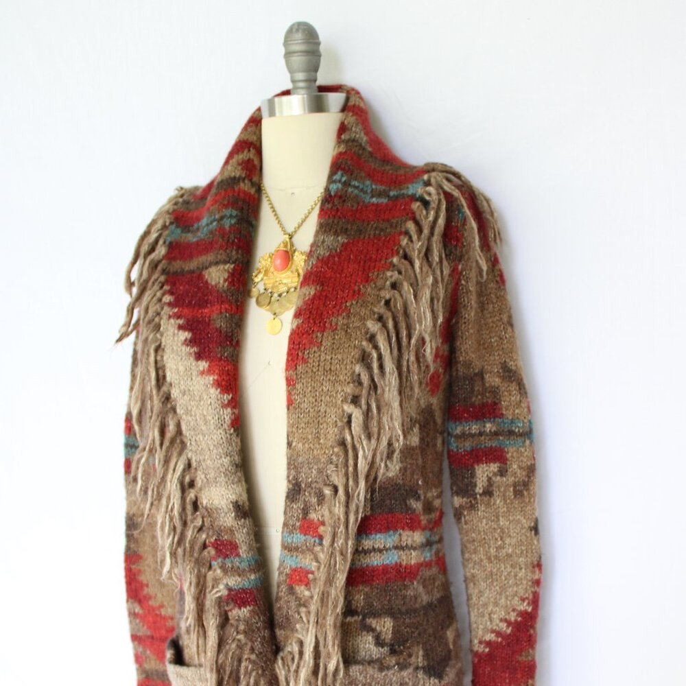 SOLD. RALPH LAUREN Denim Supply fringe polo RRL wool Aztec tribal Cardigan - Picture 3 of 10